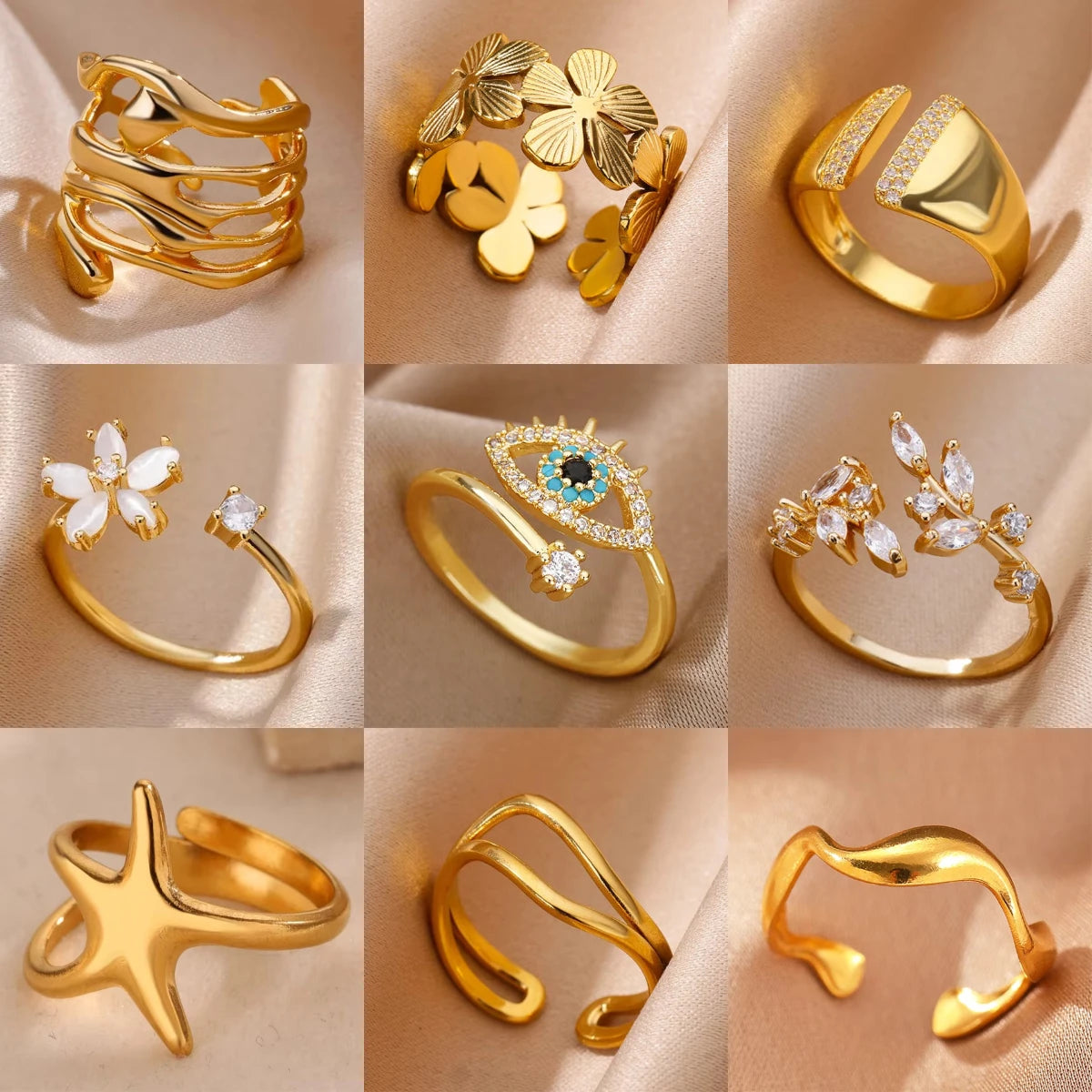 Stainless Steel Zircon Geometric Rings for Women Luxury Evil Eye Gold Color Adjustable Trendy Wedding Aesthetic Jewerly Gift