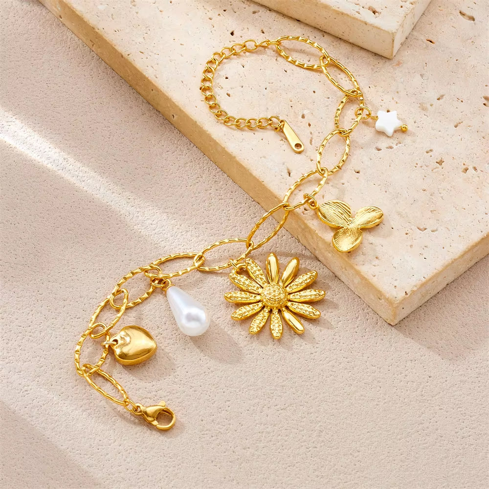 316L Stainless Steel Golden Flower Heart Pearl Bracelet for Women Simple Classic Waterproof Wrist Chain Jewelry Gift