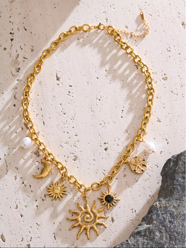 Trendy Starfish Moon Sun Shaped Pendant Charm Necklace Statement Stainless Steel Golden Chain Fashion Jewelry PVD Plated