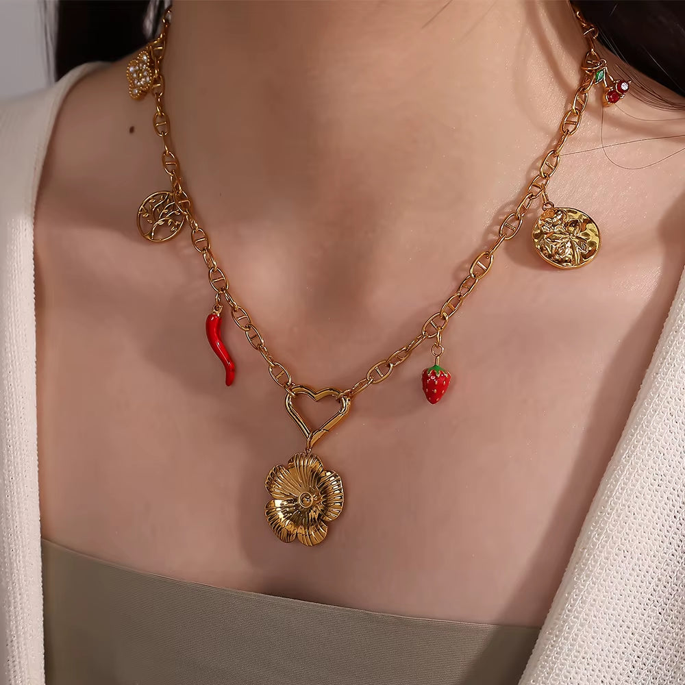 A Variety of Geometric Stainless Steel Pendants with Red Chili Leaves and Four-Leaf Clovers That Do Not Fade and Are Gold-Plated