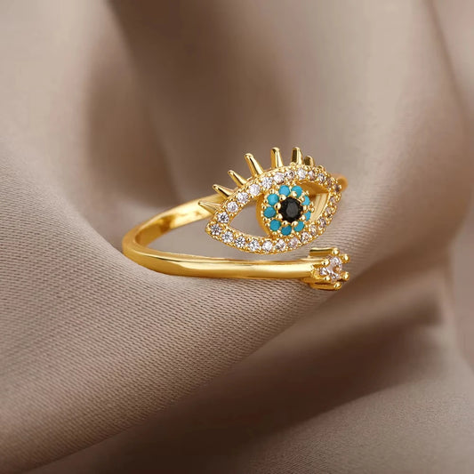 Stainless Steel Zircon Geometric Rings for Women Luxury Evil Eye Gold Color Adjustable Trendy Wedding Aesthetic Jewerly Gift