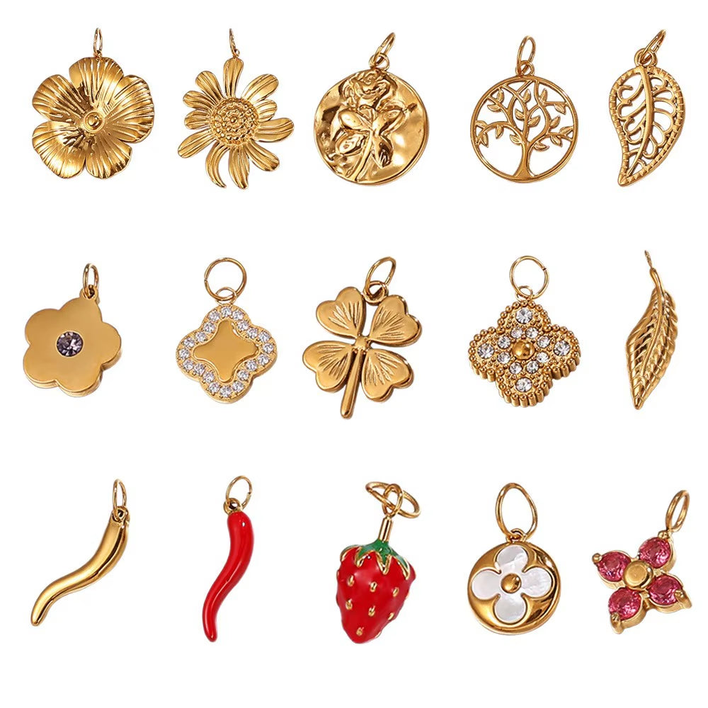 A Variety of Geometric Stainless Steel Pendants with Red Chili Leaves and Four-Leaf Clovers That Do Not Fade and Are Gold-Plated