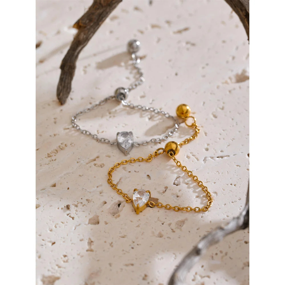 Stainless Steel Thin Chain Adjustable Cubic Zirconia Ring Waterproof for Women Delicate Popular Finger Jewelry Wholesale