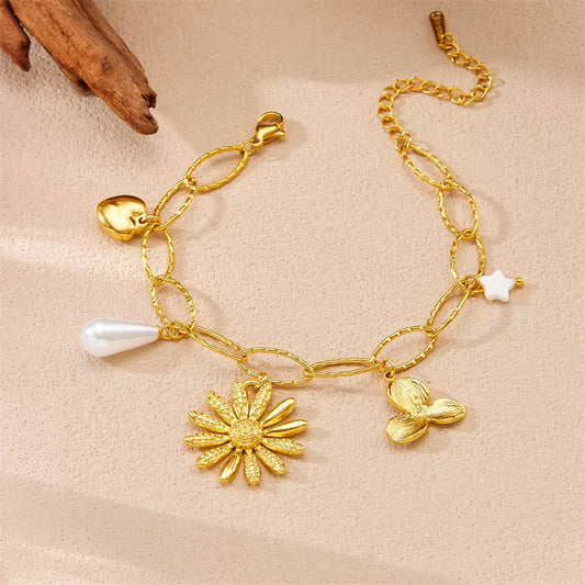 316L Stainless Steel Golden Flower Heart Pearl Bracelet for Women Simple Classic Waterproof Wrist Chain Jewelry Gift